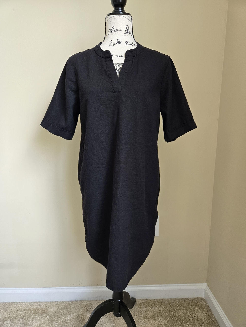 ICHI Linen Blend Dress Womens 40 Black Short Sleeve